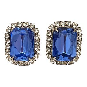 Vintage Earrings Prong Set Crystals Pierced Blue Center Stone Clear Crystals 5H
